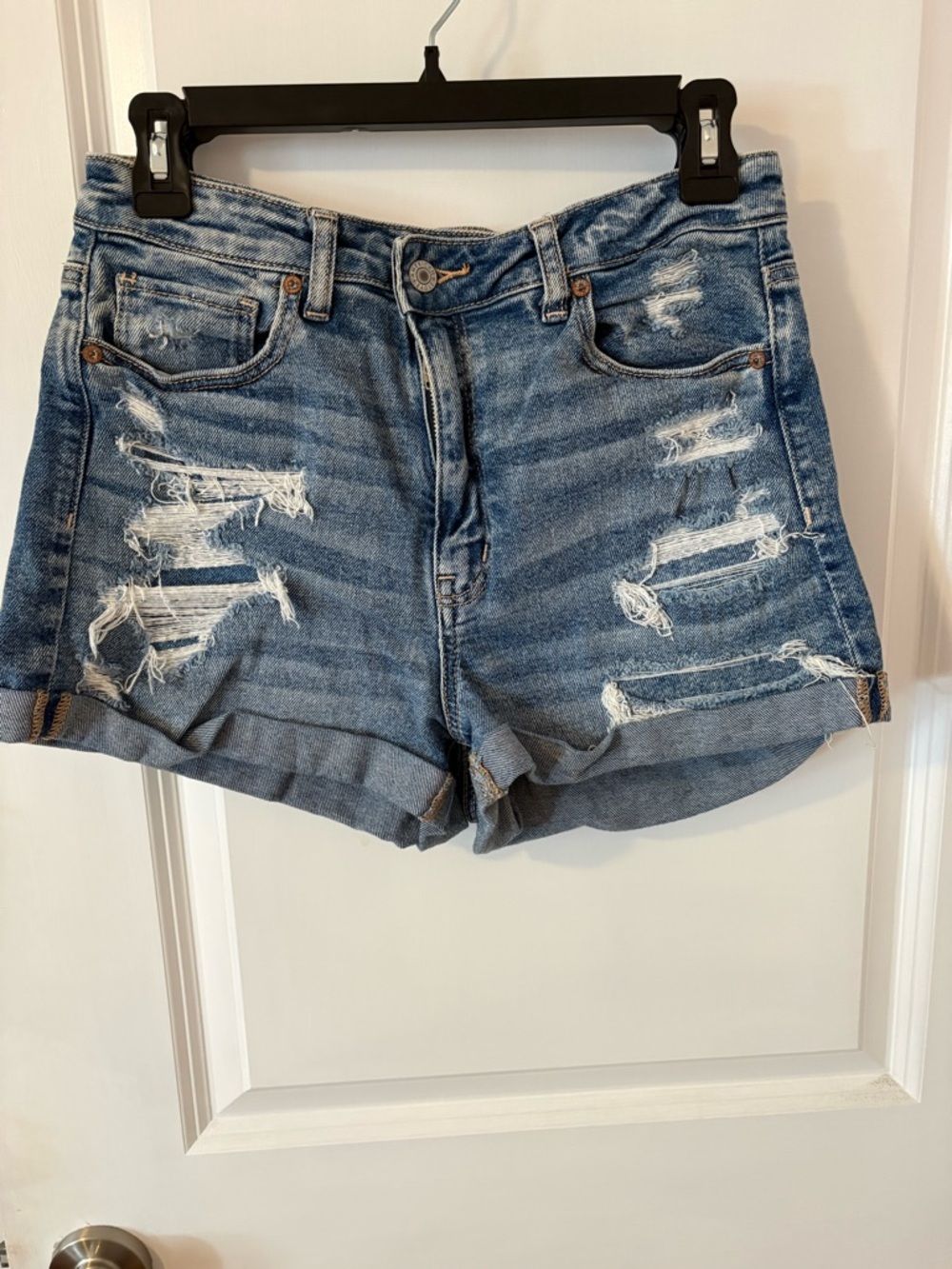 American Eagle Outfitters Distressed Mom Blue Denim Roll-Hem Shorts